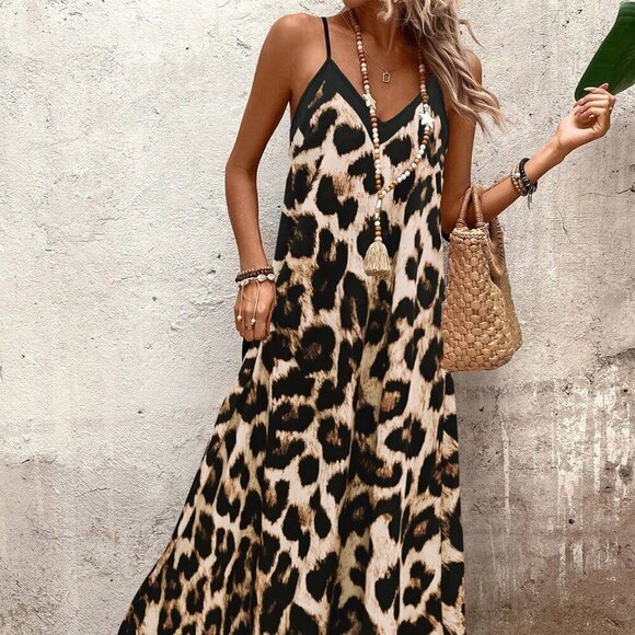 Multicolor Casual Women's Leopard Print Sleeveless Dress - Picture 1 of 7